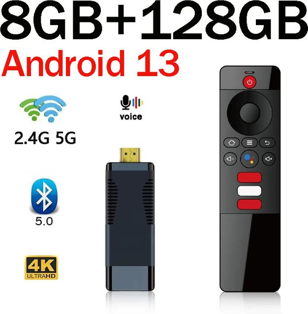CLIBABIQBOX S96 4K ATV Android 13 TV-Stick mit Allwinner H313 Quad-Core, 8GB RAM, 128GB Speicher, 4K UHD, Dual-WLAN 4G/5G, Bluetooth 5.0 und Sprachfernbedienung in Schwarz - Bild 1