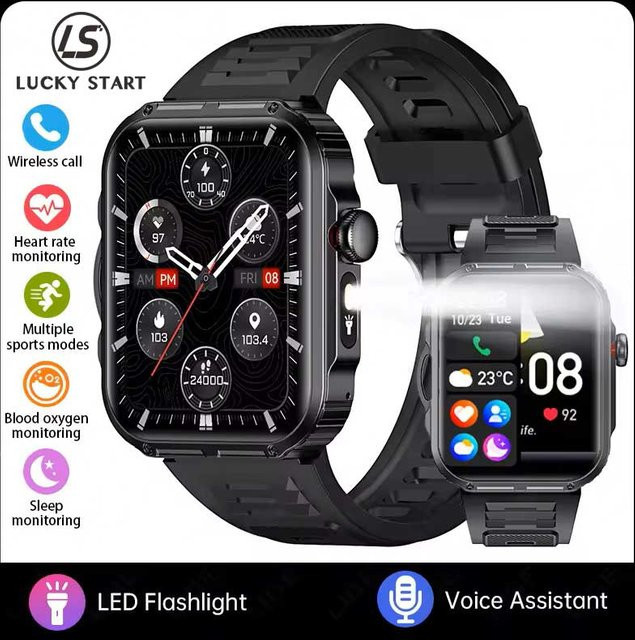 Lucky Start Smartwatch für Herren mit 2,01 Zoll HD-Bildschirm, Bluetooth-Anruffunktion, LED-Taschenlampe und Wasserdichtigkeit, Farbe: Schwarz - Bild 1