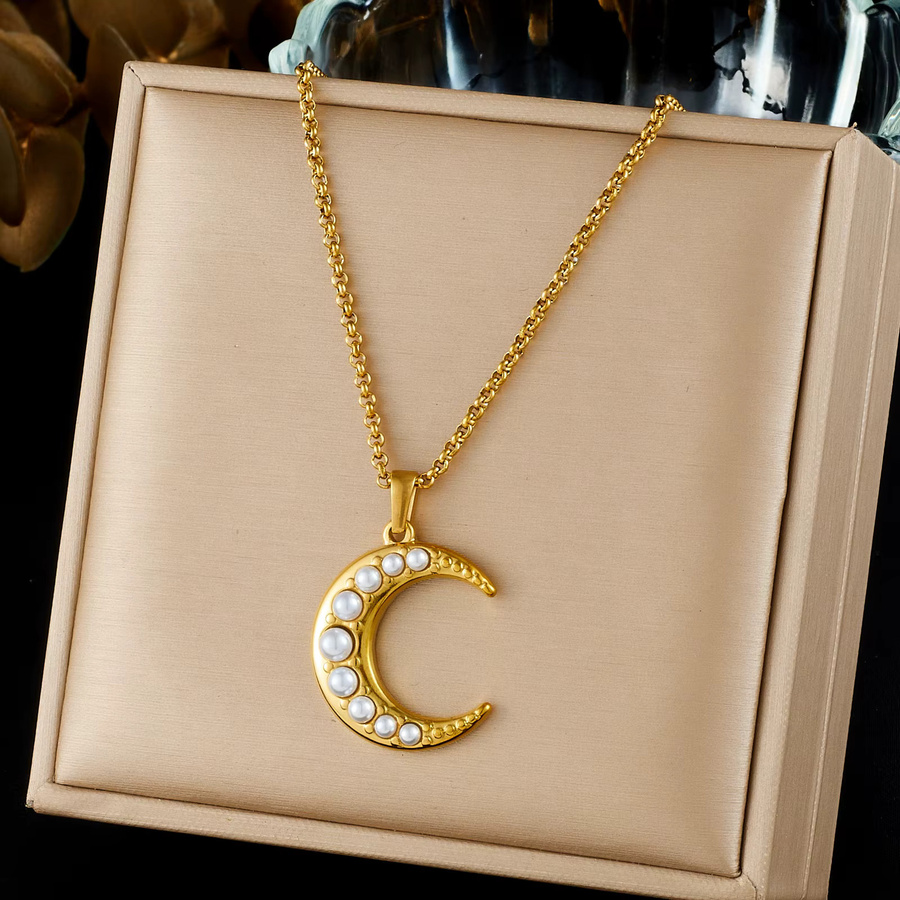 DIEYURO Halskette Edelstahl, Gold, Mond- und Perlenanhänger, Damen - Bild 4