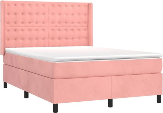 vidaXL Boxspringbett mit Matratze in Rosa, Samt, mit LED-Unterbettbeleuchtung und USB-Ladeanschluss, B/T: 140 x 190 cm - Bild 1