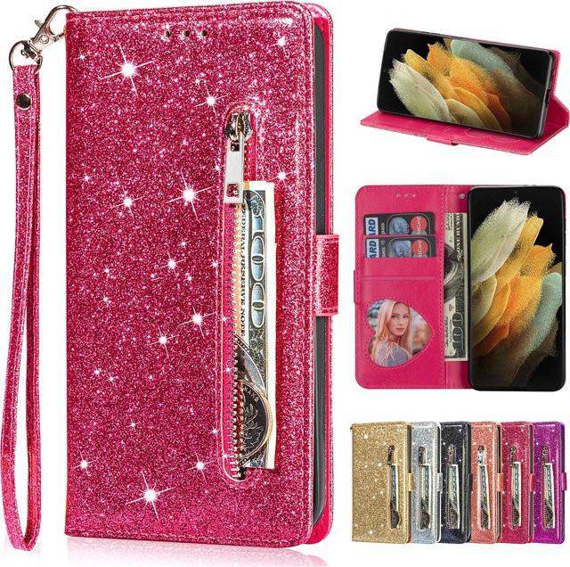 Glitzer Ledertasche mit Reißverschluss für Xiaomi Mi 13T 12T 11T 10T 11 Lite Poco F5 X5 X4 X3 GT F3 F4 M4 Pro M5S C55 C40 Flip Phone Wallet in Silber und Pink - Bild 1