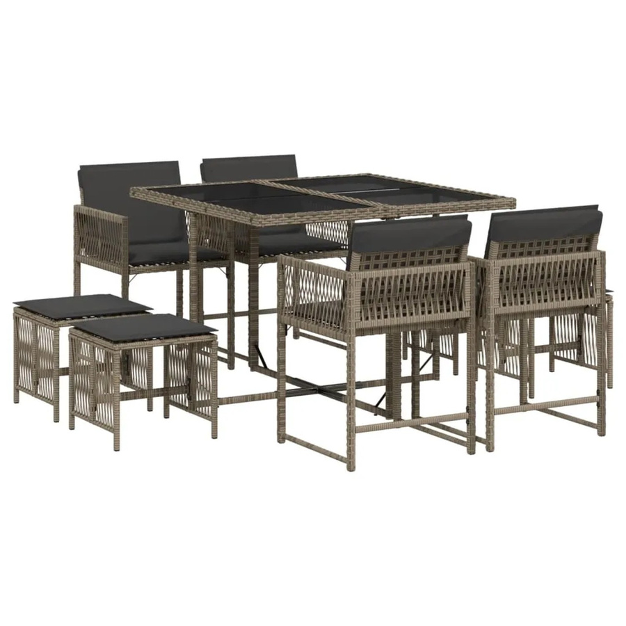 vidaXL 9-tlg Garten-Essgruppe aus Poly Rattan mit Kissen und Hartglas in Grau - Bild 2