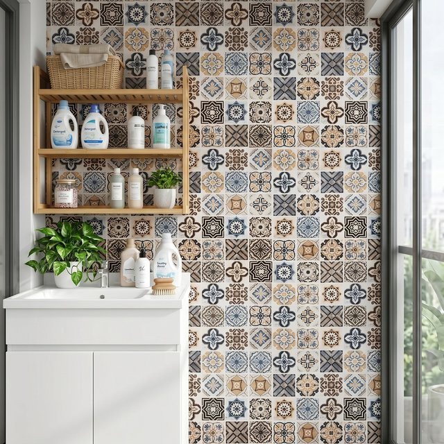 Wokhome Selbstklebender PVC-Küchenwandaufkleber in geometrischem Design, wasserdicht und ölbeständig, Multicolour, Breite: 80 cm - Bild 1