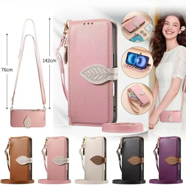 VYOPBC Leder-Crossbody-Handyhülle mit Reißverschluss und Handschlaufe für Samsung Galaxy S26 S25 S24 S23 S22 Ultra Plus, Farbe: Schwarz - Bild 1