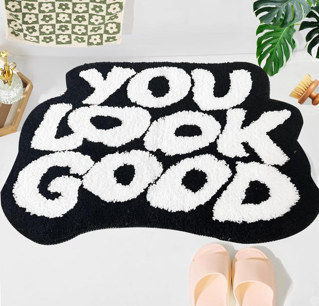 Inyahome Badematte mit You Look Good Aufdruck, rechteckig, Chenille, Schwarz-Weiß-Grün - Bild 1