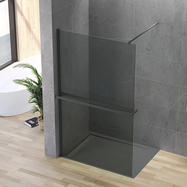 Aquabatos Walk In Duschkabine Duschwand mit Ablage aus 8mm ESG Grauglas mit Nano Beschichtung, B: 120 cm, H: 200 cm, Mattschwarzoptik - Bild 1