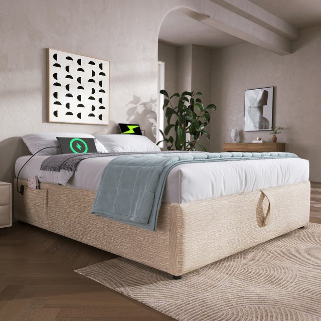 KOMHTOM Doppelstauraumbett aus Leinen in Beige mit USB-C-Ladefunktion ohne Kopfteil, B/T: 140 x 200 cm - Bild 1