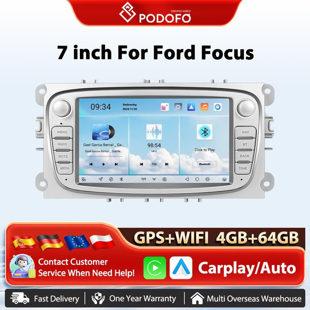 Podofo 8 Core Multimedia-Player für Ford Focus mit Android Auto, Apple CarPlay, GPS, Bluetooth und 4+64GB in Schwarz - Bild 1