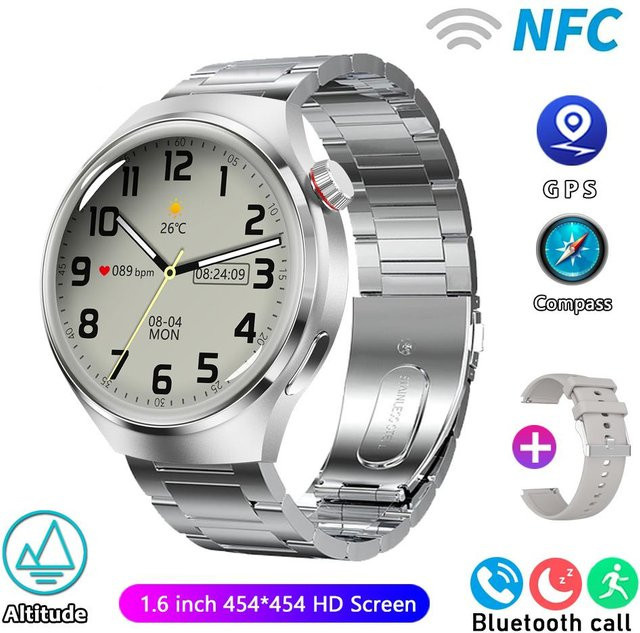 ElectronicsHome Smartwatch Pro für Herren mit AMOLED-Bildschirm, GPS, NFC, Herzfrequenzmessung und Bluetooth-Anruf, Farbe Silber, Edelstahlarmband - Bild 1