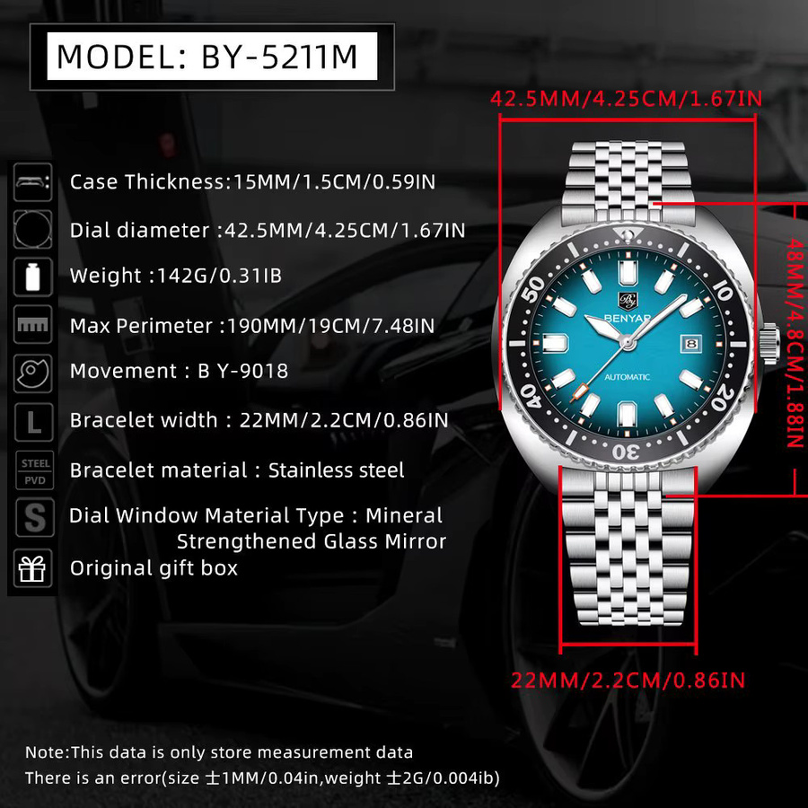 BENYAR Armbanduhr Automatik, Edelstahl, 42 mm, Herren, Schwarz - Bild 2