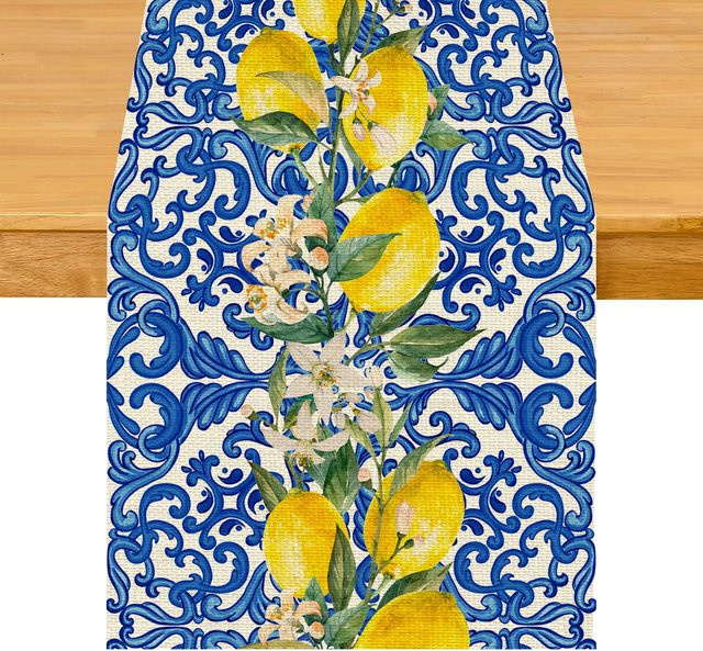 JINGYUE Pet Tischläufer aus Leinen mit blauem Zitronen-Floral-Design, B/H: 150 x 33 cm - Bild 1