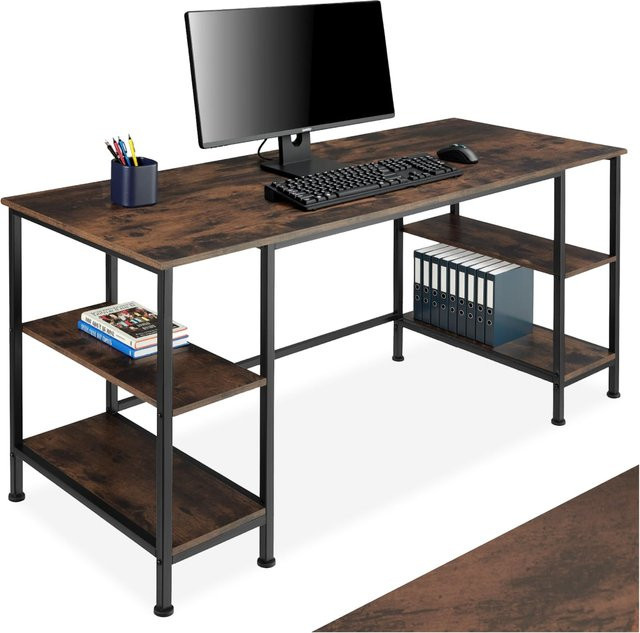 tectake Computer-Schreibtisch Stoke im Industrial Style aus Holz und Stahl, Farbe Dunkelbraun, B/T/H: 137 x 55 x 75 cm - Bild 1