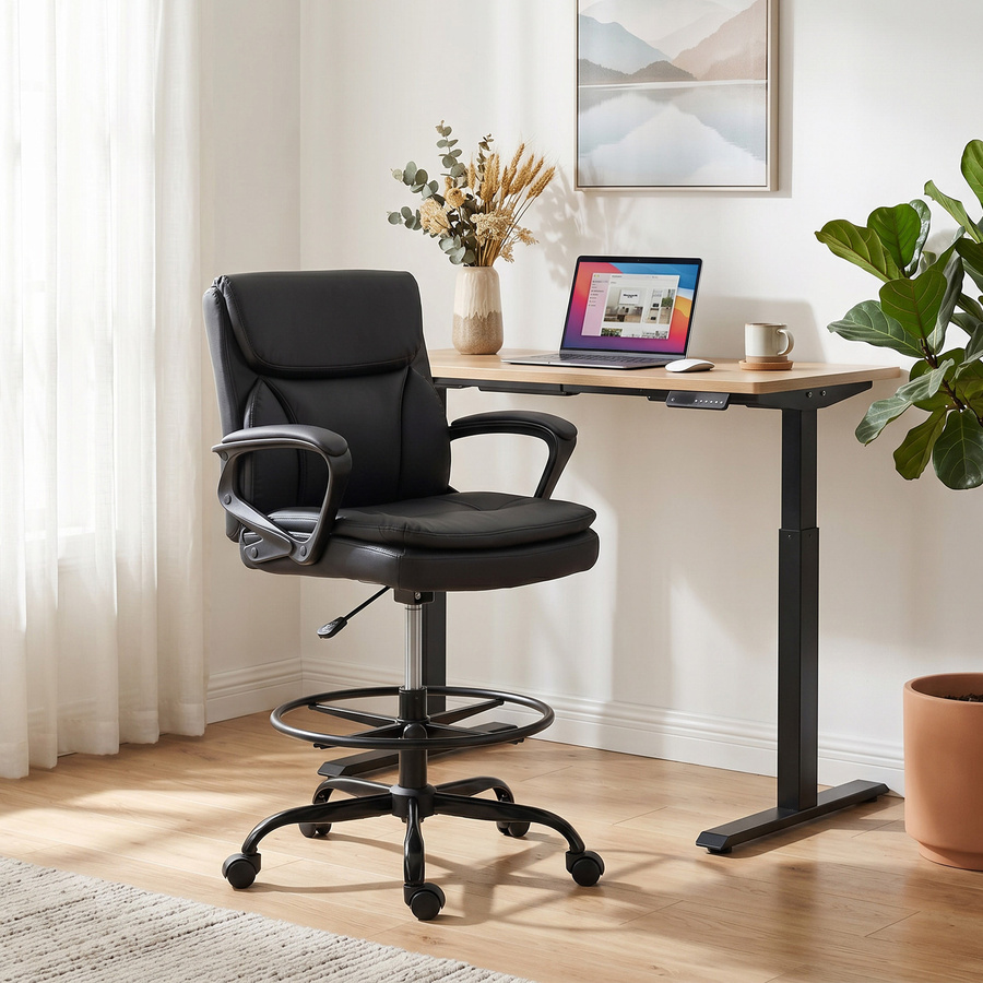 HOMCOM Ergonomischer Zeichenstuhl Schwarz mit verstellbarem Fußring und Rollen für Büro und Studio - Bild 2