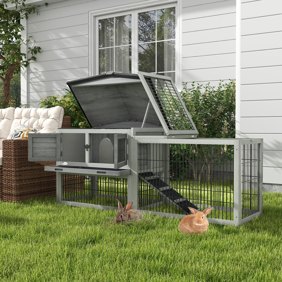 PawHut Kleintierstall mit Freigehege aus Tannenholz in Grau, wetterfest für Meerschweinchen und Kaninchen, B/T/H: 150 x 52 x 68 cm - Bild 2