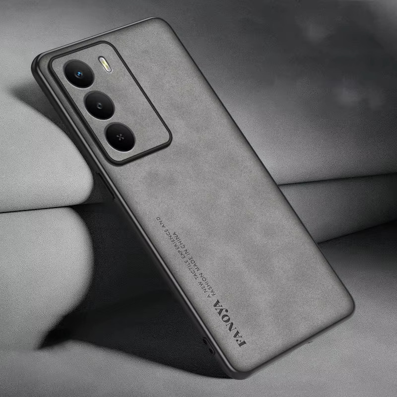 EUCAGR Luxus Handyhülle aus Schaffell und PU Leder für Realme C71 in Grau mit Standfunktion - Bild 1