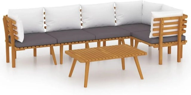 vidaXL 6-tlg Garten-Lounge-Set aus massivem Akazienholz in Braun mit grauen Polstern im L-Shape Design - Bild 1