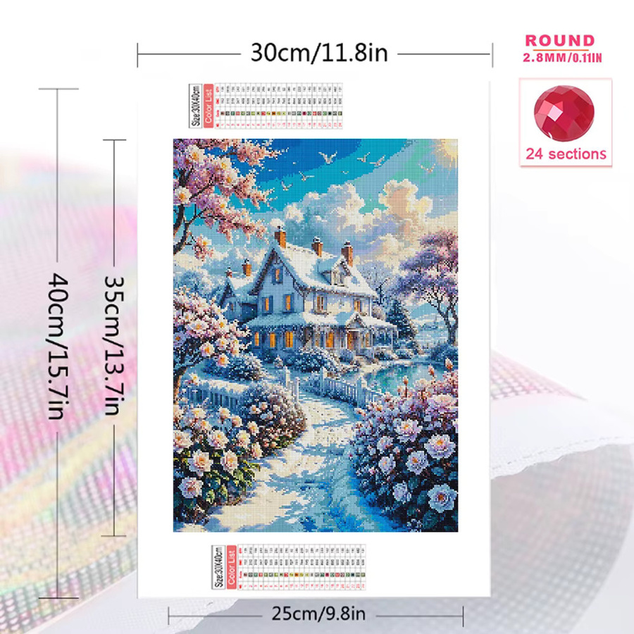 EverShine Diamant-Mosaik Stickerei Winterlandschaft mit Haus und Blumen in Mehrfarbig, B/H: 30 x 30 cm - Bild 2