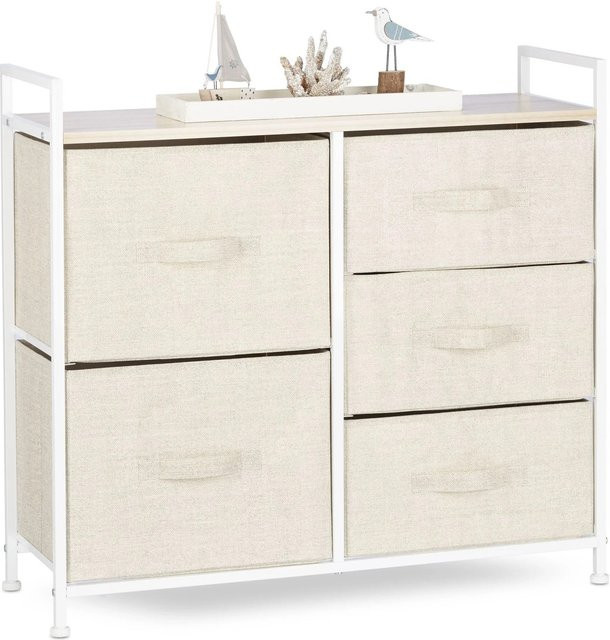 Relaxdays Regalsystem mit Schubladen aus Stahl, Stoff und MDF in Beige und Weiß, B: 77,5 cm, H: 83 cm, T: 29 cm - Bild 1