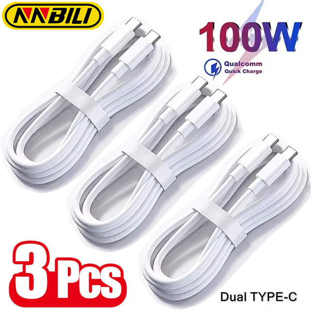 NNBILI 3er-Set USB-C auf USB-C Schnellladekabel 100W in Weiß für Samsung, HUAWEI und Xiaomi - Bild 1