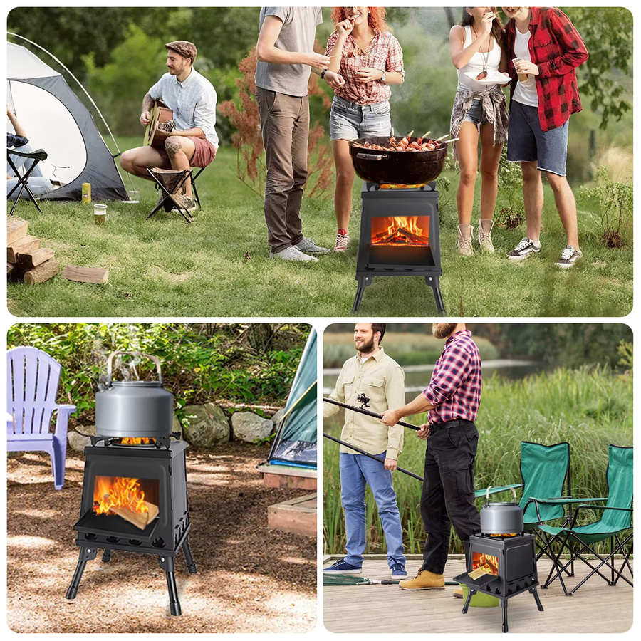 HGTUGO Campingofen aus Gusseisen, faltbarer Holzbefeuerter Campingkocher in Schwarz mit verstellbarem Topfhalter und Tragetasche, B/T/H: 35,0 x 22,0 x 35,0 cm - Bild 5