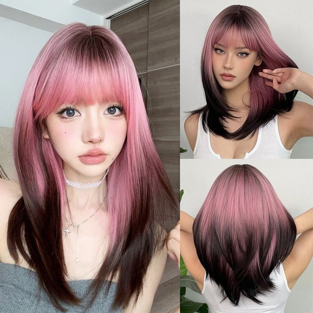 EASIHAIR Perücke, Schwarz Rosa Lila Ombre, Synthetisch, mit Pony, Lange Gerade Layered, Damen - Bild 1