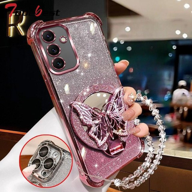 Schmetterling Spiegel Handyhülle für Samsung Galaxy A17 A07 A16 A26 A36 A56 A15 A25 A35 A55 A14 A24 A34 A54 4G 5G in Rosa und Transparent mit Kristall-Design - Bild 1