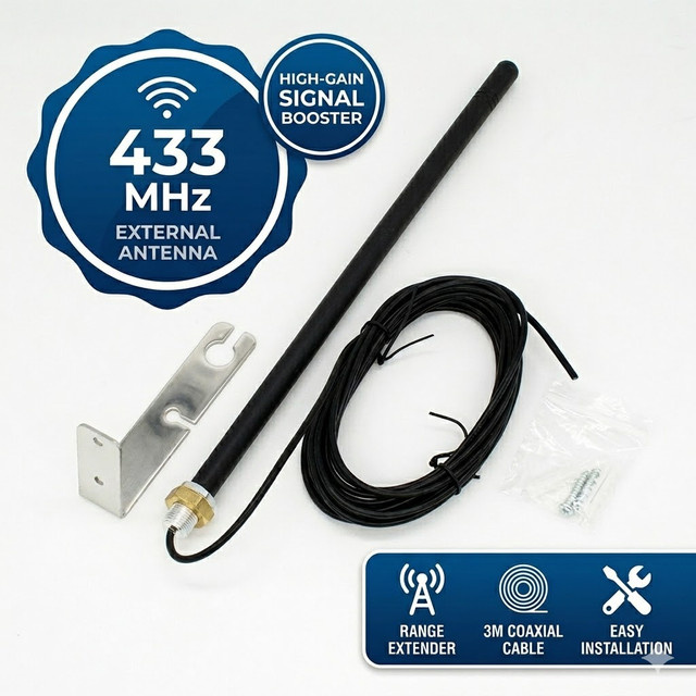 Universeller Signalverstärker für Tor- und Garagentor-Fernbedienungen mit 433MHz, externe Antenne und 3m Kabel, Schwarz - Bild 1