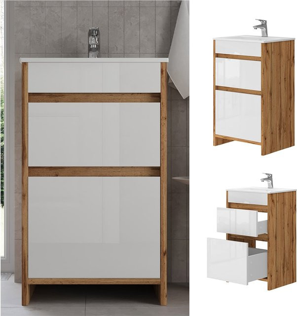 Vicco Badmöbel-Set Detmold 2-teilig in Eiche Weiß Hochglanz mit Waschbecken und Waschtischunterschrank - Bild 1