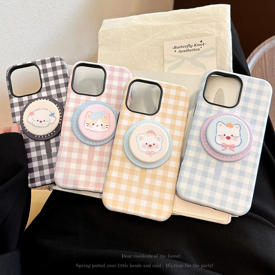MUQGEW Magnetische Handyhülle mit koreanischem Gittermuster und Cartoon-Tier-Design für iPhone 11 bis iPhone 17 Pro Max, stoßfeste Schutzhülle, Multicolour - Bild 2