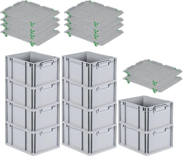 PROREGAL SparSet 10x Eurobox NextGen Grip mit Auflagedeckel und 4 grünen Schiebeschnappverschlüssen, Grau, H x B x T: 22 x 30 x 40 cm - Bild 1