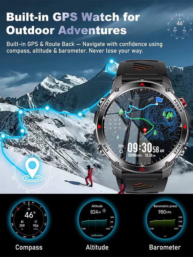 GUHUAVMI Militär GPS Smartwatch für Männer in Schwarz mit Karten- und Routen-Tracking, 30m wasserdicht, Taktik-Fitness-Sportuhr für Outdoor-Aktivitäten - Bild 6