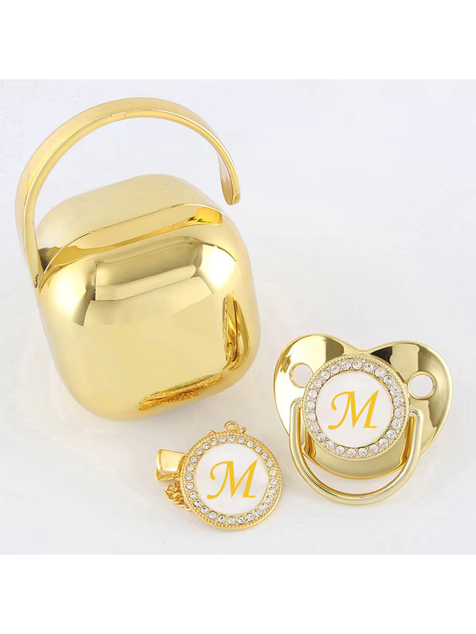 Glänzendes Baby-Schnuller-Set mit orthodontischem Schnuller und Aufbewahrungsbox in Gold - Bild 1