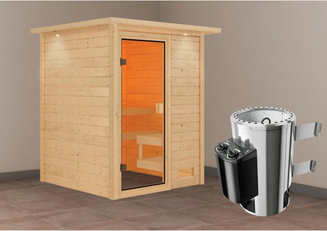 Karibu Massivholzsauna Sandra mit 3,6 kW Ofen und integrierter Steuerung, Farbe Natur - Bild 1