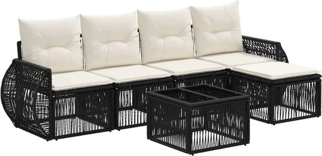 vidaXL Gartensofa-Set 6-teilig aus Poly-Rattan in Schwarz und Cremeweiß mit L-Form, Lounge-Sessel, Ottoman und Couchtisch - Bild 1