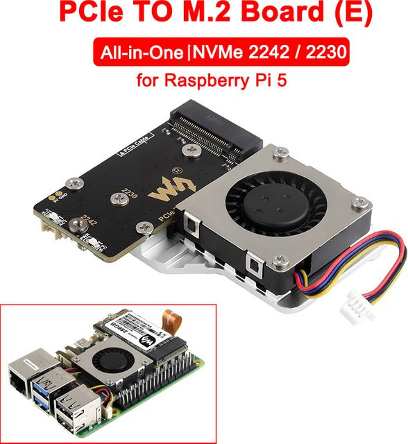 SHCHV PCIe-auf-M.2-Adapterplatine mit Lüfter für Raspberry Pi 5, kompatibel mit NVMe M.2 SSDs der Größen 2242 und 2230, Schwarz - Bild 1