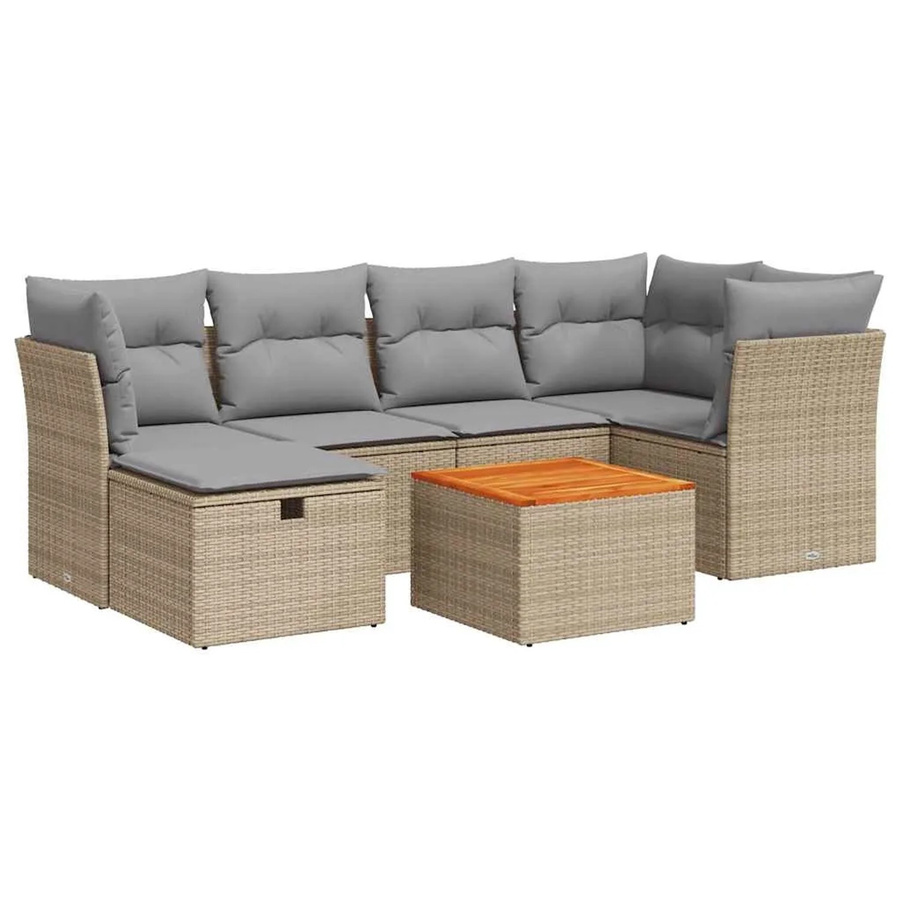 vidaXL 7-tlg. Garten-Sofagarnitur aus Polyrattan in L-Form mit Kissen und Couchtisch, Beige - Bild 2