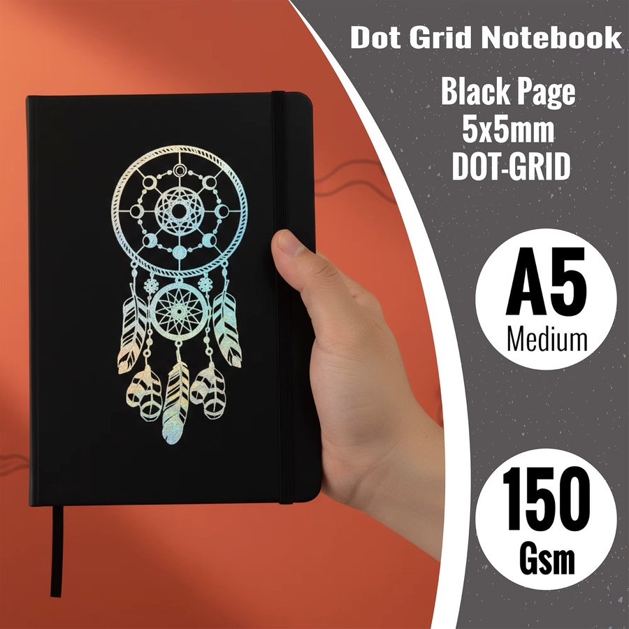 Buke Notebook A5 Dot Grid Journal mit Dreamcatcher-Einband, Hardcover, Schwarz, gepunktetes Layout 5 x 5 mm, 150 g/m2 Papier, B/H: 14,3 x 20,5 cm - Bild 1