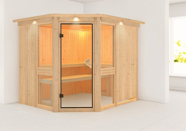 Karibu Sauna Anina 3 mit LED-Dachkranz in Natur Braun