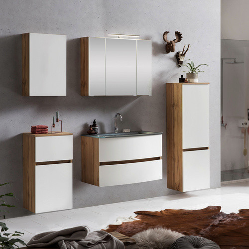 HELD MÖBEL Waschtisch-Set KOPENHAGEN in Weiss und Braun, 7-teilig, modern mit LED-Beleuchtung und Soft-Close-Türen, B/T/H: 130 x 40 x 70 cm - Bild 3