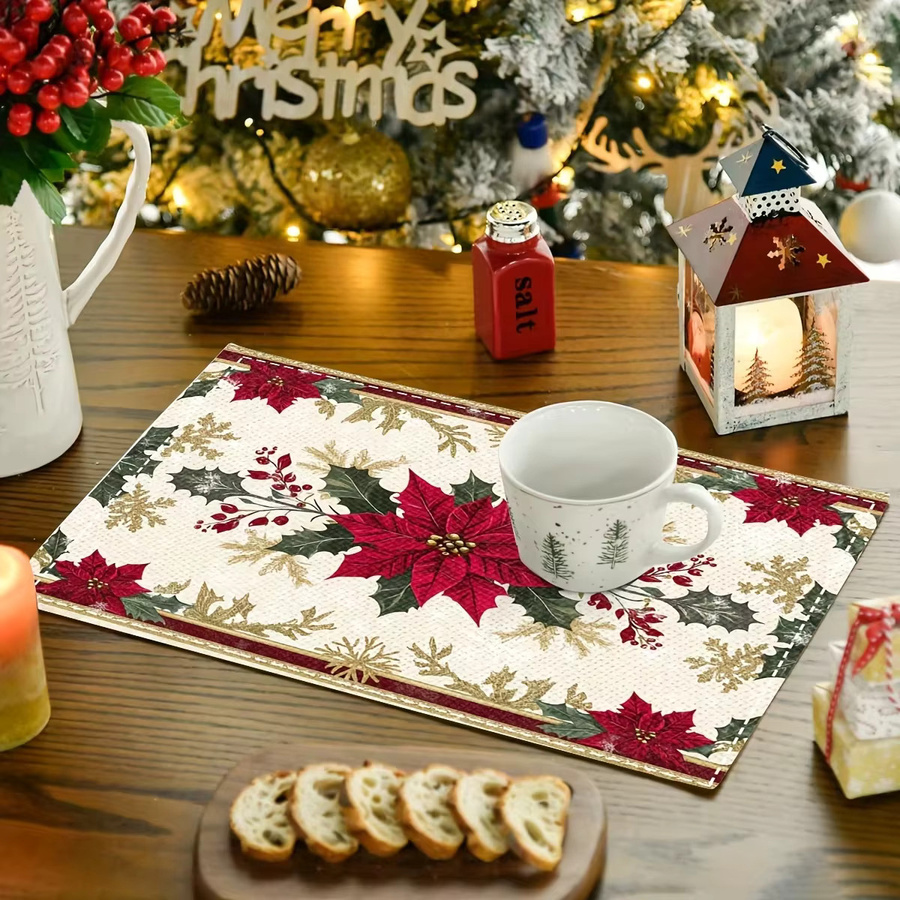 VIKAMA 4er Set Weihnachts Tischsets in Rot mit Schneeflocken und Stechpalmenblattmuster zur festlichen Tischdekoration - Bild 3