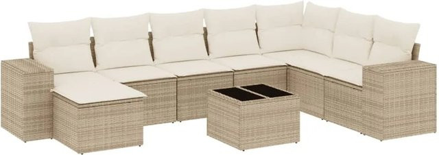 vidaXL 9-tlg. Garten-Sofagarnitur in L-Form aus Poly-Rattan mit Kissen in Beige-Creme - Bild 1