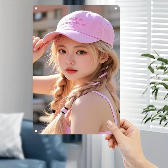 Metallschild HELLOYOUNG im koreanischen Stil mit rosa Haarzöpfen und Typografie in Pink und Weiß - Bild 1