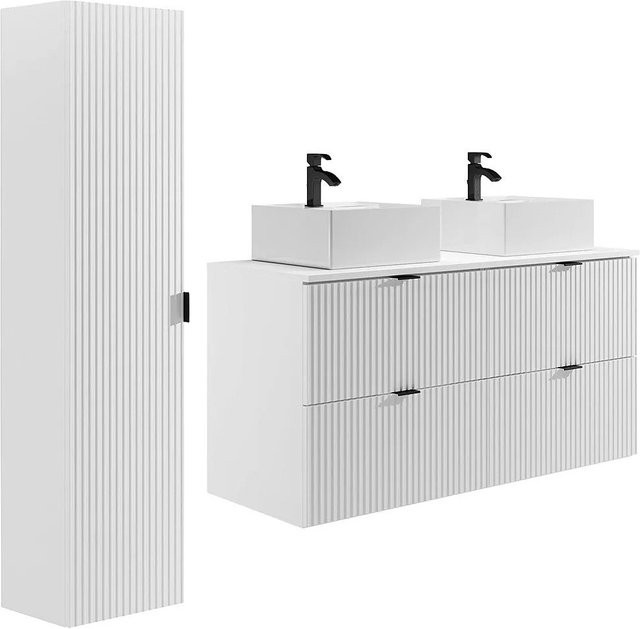Zevini Badmöbel-Set Weiß Matt mit Keramik-Aufsatzwaschbecken, Hänge-Unterschrank und Hochschrank, Breite: 120 cm - Bild 1