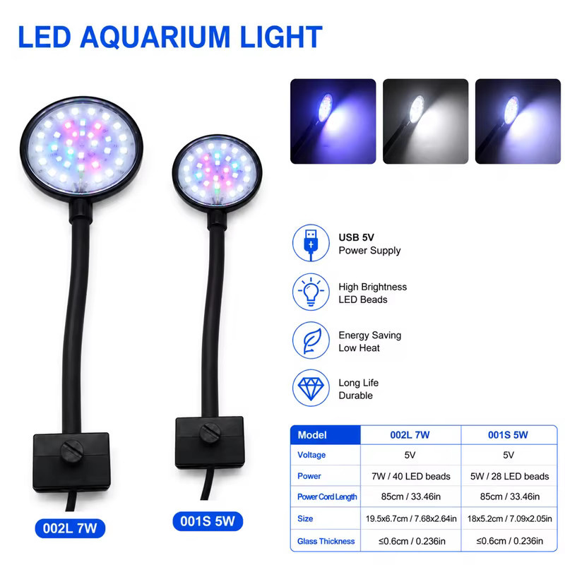 TUNFAN USB Aquarium LED-Lampe als dimmbare Klemmleuchte in Schwarz für Fischbecken und Wasserpflanzen - Bild 2