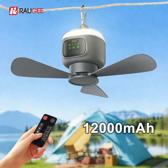 Raugee Tragbarer Deckenventilator Schwarz mit LED-Licht und Fernbedienung, Wiederaufladbarer Campingventilator mit 12000 mAh Akku für den Außenbereich - Bild 1