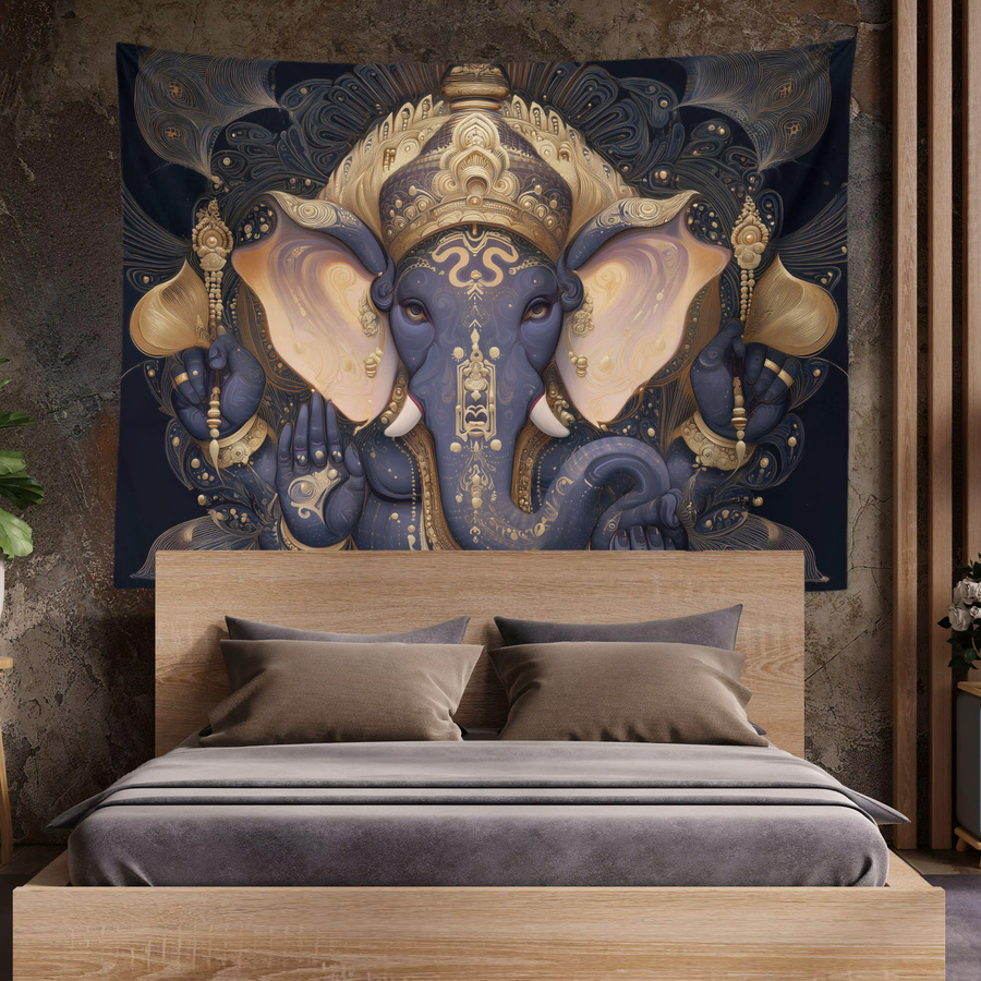 VIKAMA Wandteppich Ganesh Elefantengott in Blau und Gold, Indische Mythologie Raumdekoration, Breite: 60 cm, Höhe: 40 cm - Bild 2