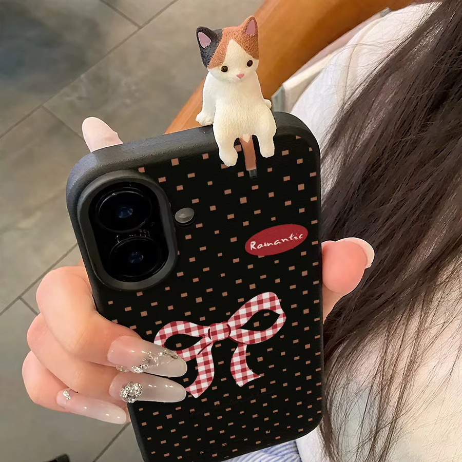Stoßfeste iPhone Hülle mit süßem 3D Katzen-Design und Schleifen-Punkt-Muster für iPhone 11 bis iPhone 17 Pro Max und Air Modelle - Bild 5