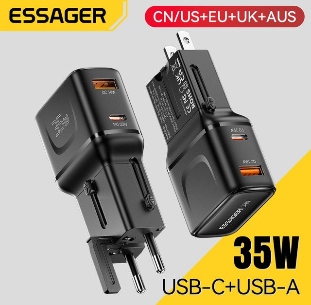 ESSAGER 35W GaN Ladegerät Dual Port Global Travel Adapter in Schwarz mit Multi-Protokoll-Schnellladung für Laptop und Smartphone - Bild 1