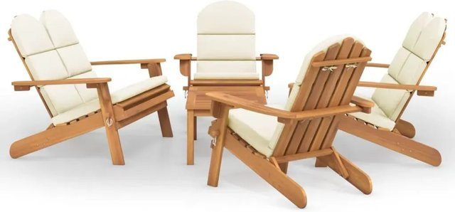 vidaXL 5-tlg. Garten-Lounge-Set Adirondack aus Akazien-Massivholz mit Sitz- und Rückenkissen in Beige und Weiß - Bild 1
