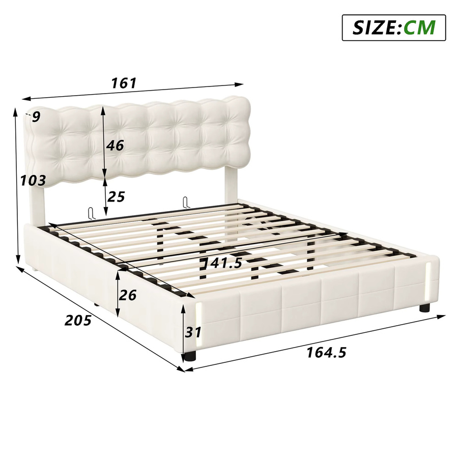 Superaly Polsterbett mit Stauraum und Lichtleiste, Doppelbett aus Samt in Beige, B/T: 160 x 200 cm - Bild 2